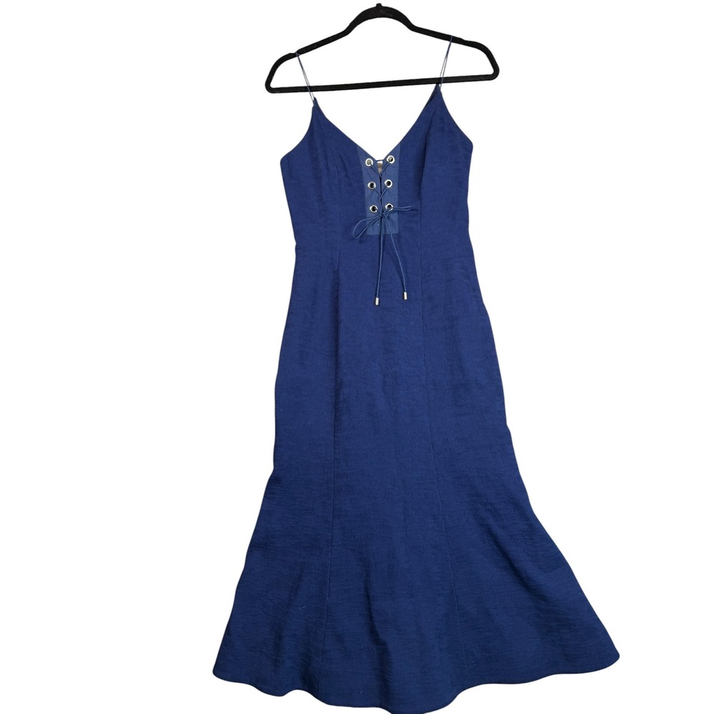 C/MEO COLLECTIVE Navy Blue Lace Up Midi Dress Mermaid Hem Womens Small